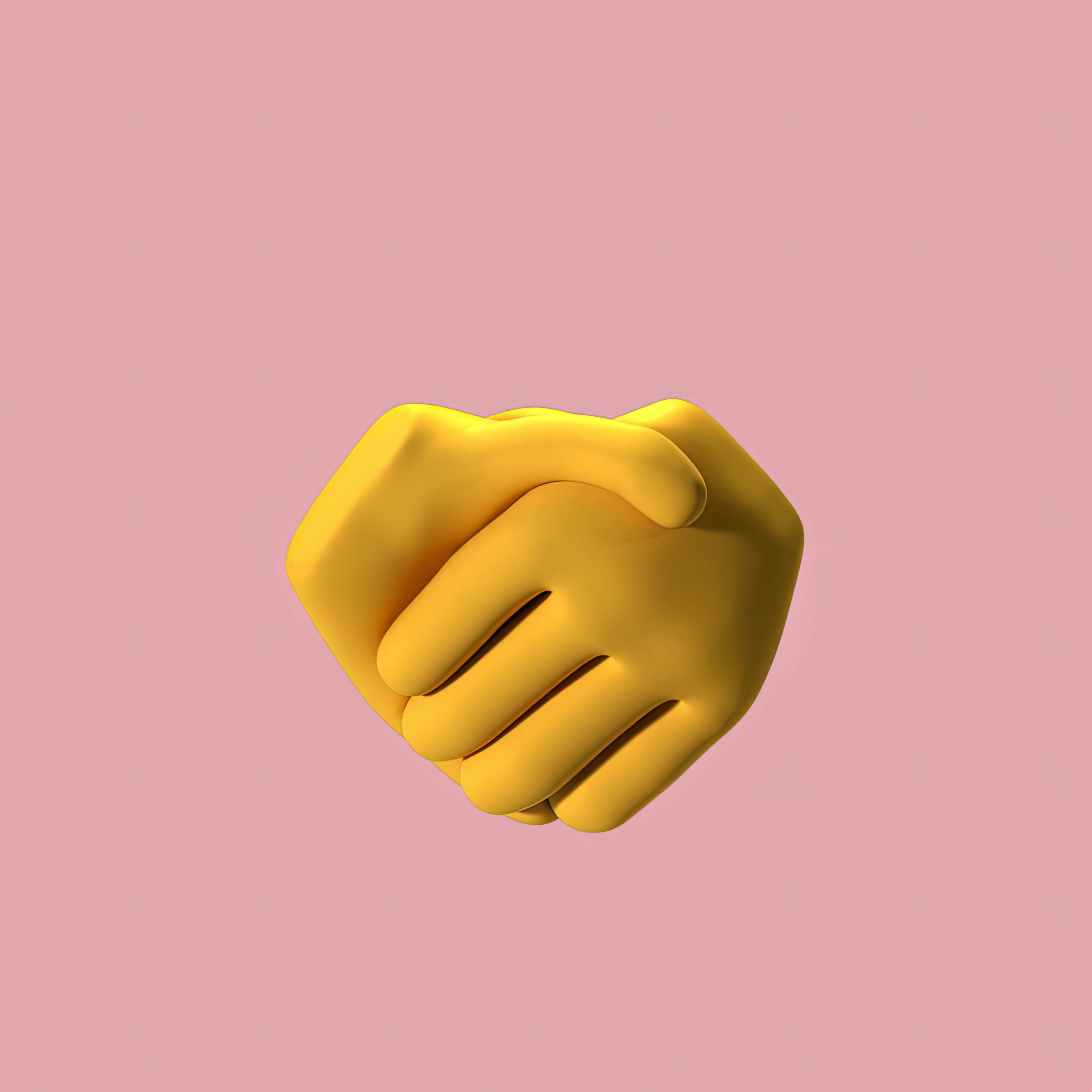 A 3D rendering of two yellow emoji hands shaking against a pink backdrop.